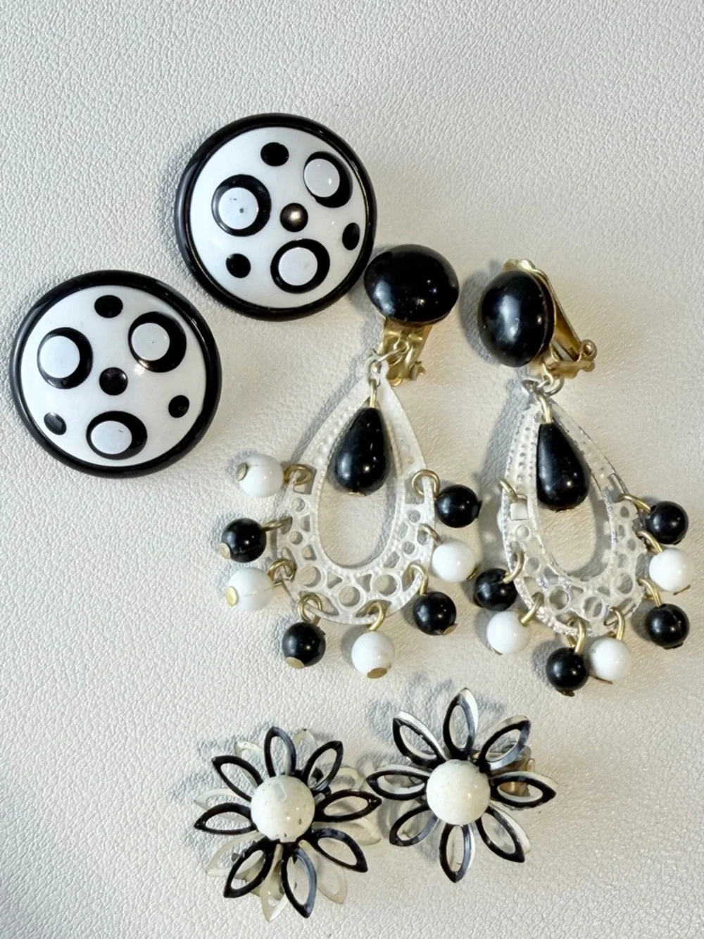 VINTAGE MCM tuxedo glam earring trio set estate jewelry clip enamel dangle bead